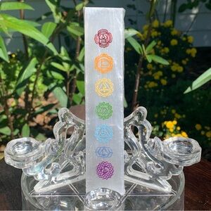 7 Chakras Selenite Wand Charging Plate Crystal Cleansing Etched Symbols 5.78"